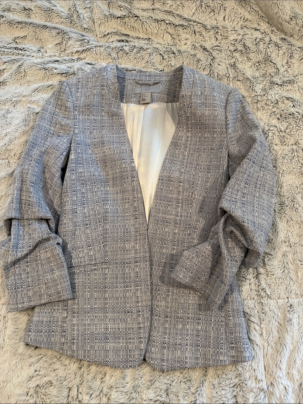 Women's Blue and White Tweed Open-Front Blazer